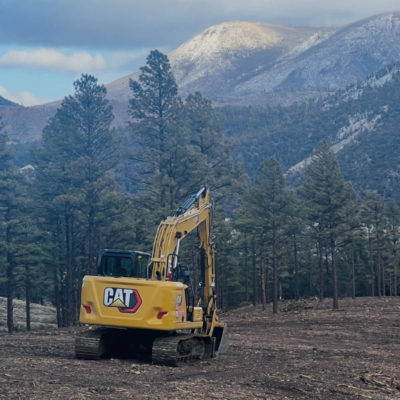 Construction vehicle with snowy mountains