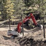 Red excavator digging soil in forest