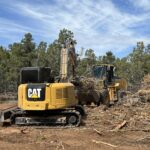 CAT excavator and loader clearing brush