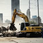 Yellow excavator clearing concrete rubble in city